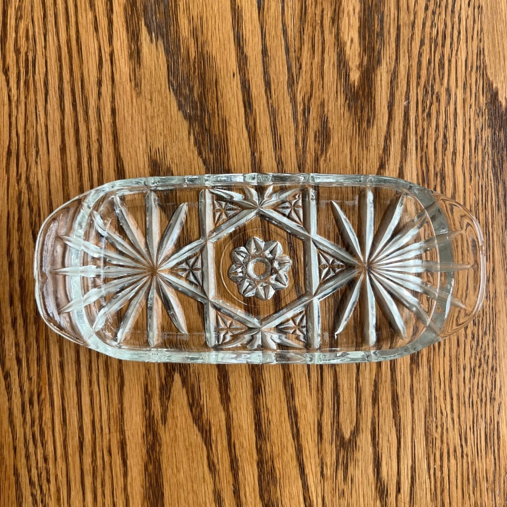 Vintage Clear Pressed Glass Relish Dish Starburst Geometric Oval Trinket tray